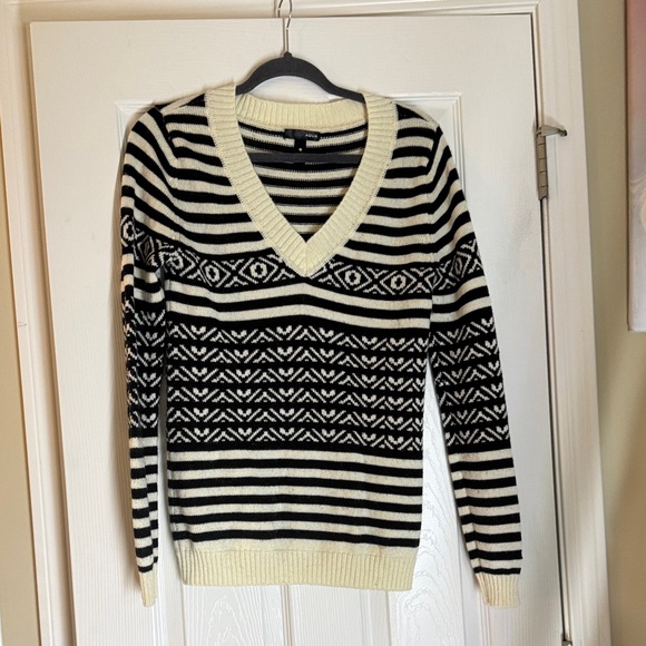 Aqua Sweaters - Aqua Black and Cream Striped V-Neck Sweater
